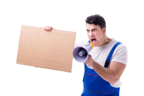 Angry supervisor de construção gritando com alto-falante — Fotografia de Stock