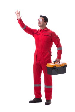 Whit üzerinde izole toolbox ile kırmızı tulumlu yüklenici işçi