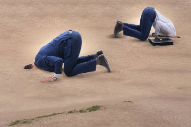 Businessman hiding his head in sand escaping from problems clipart