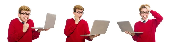 Student using laptop isolated on white — Stock Photo, Image