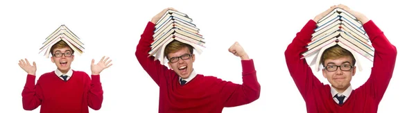 Estudiante divertido con libros aislados en blanco —  Fotos de Stock