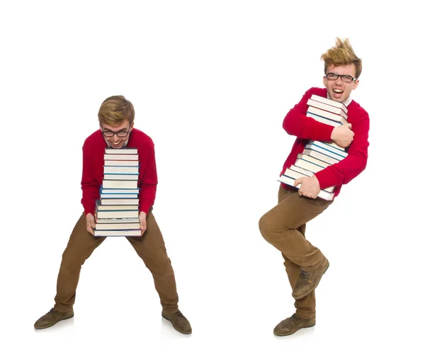 Funny student with books isolated on white — Stock Photo, Image