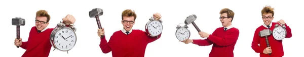 Estudiante con reloj despertador aislado en blanco —  Fotos de Stock