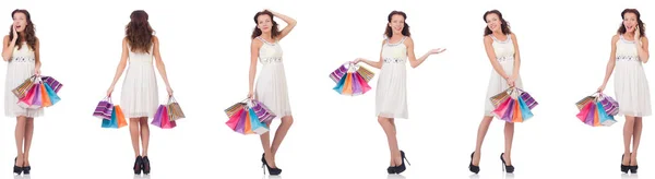 Conjunto de mulher com sacos de compras em branco — Fotografia de Stock