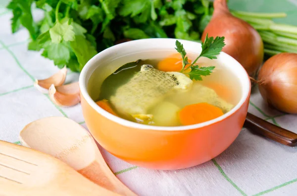 Fish soup served on the table in plate — Stock Image Fish soup served on the table in plate Stock Picture