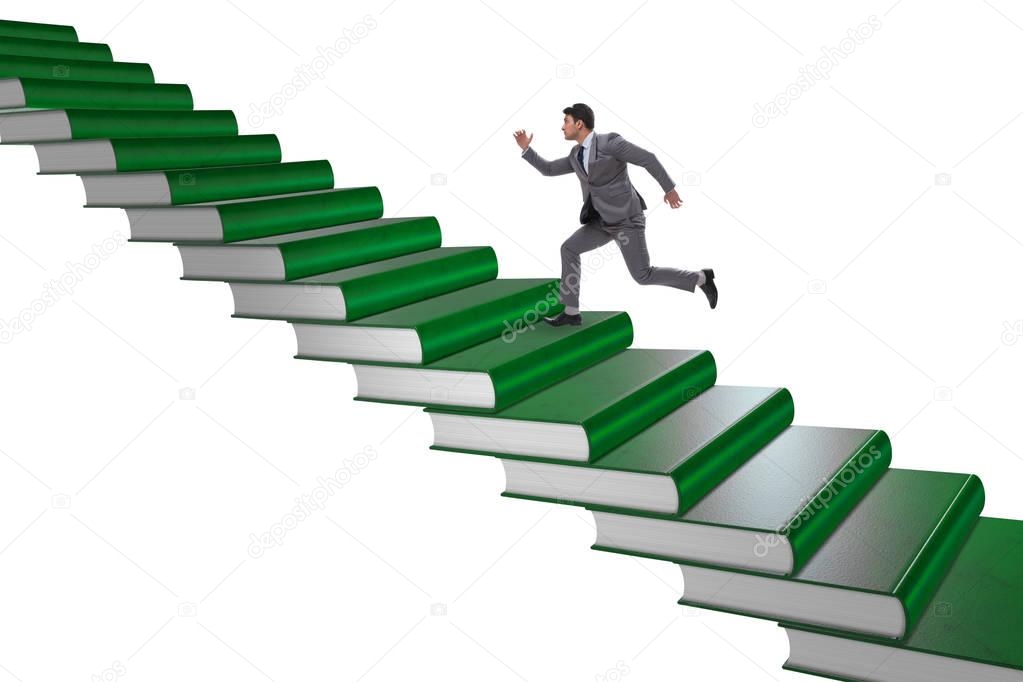 Businessman student climbing the ladder of education books