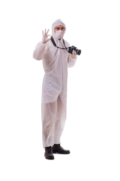 Törvényszéki szakértő védőöltözet fotózás fehér — Stock Fotó