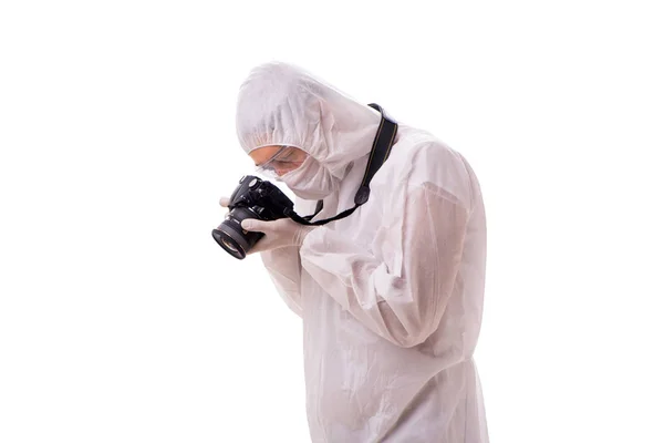 Forensic specialist in protective suit taking photos on white — Stock Photo, Image
