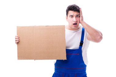 İşçi ile üzerine beyaz izole boş ileti perde