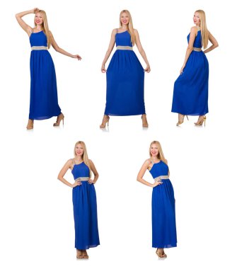 Uzun mavi elbiseli güzel kadın, beyaz tenli.