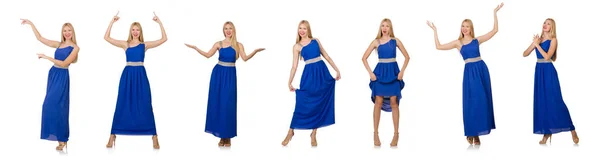 Hermosa mujer en vestido azul largo aislado en blanco —  Fotos de Stock