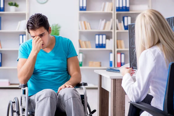 Disabled man in wheel chair visiting woman doctor