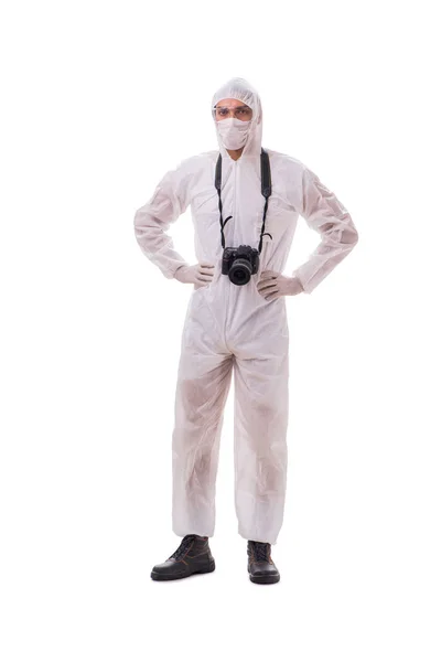 Forensic specialist in protective suit taking photos on white — Stock Photo, Image