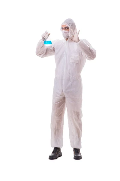 Chemicaliën die werken met giftige stoffen die op de witte rug zijn geïsoleerd — Stockfoto
