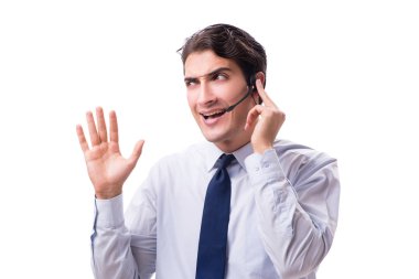 Kulaklıklı adam beyaz arkaplanda izole edilmiş.