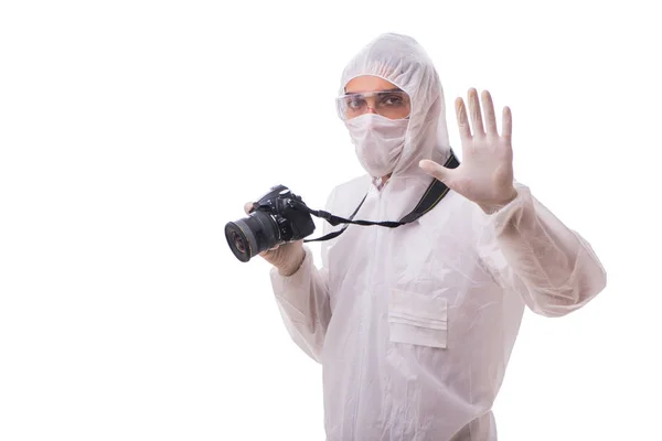 Forensic specialist in protective suit taking photos on white — Stock Photo, Image