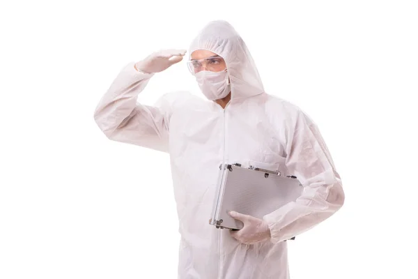 Criminólogo en traje protector con estuche de acero —  Fotos de Stock