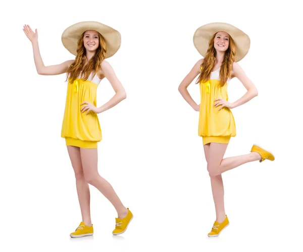 Young woman in yellow summer dress isolated on white — Stock Photo, Image