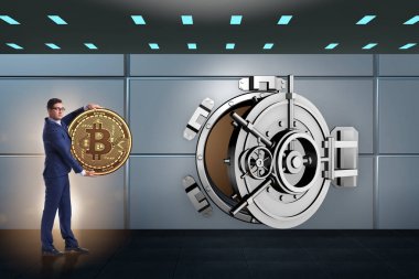 Businessman with bitcoin in front of vault door clipart