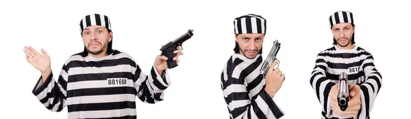 Prison inmate with gun isolated on white — Stock Photo, Image