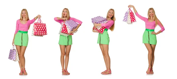 Mujer con bolsas aisladas en blanco — Foto de Stock