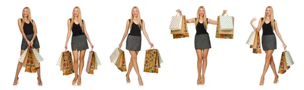 Nő bevásárló táskák elszigetelt fehér — Stock Fotó