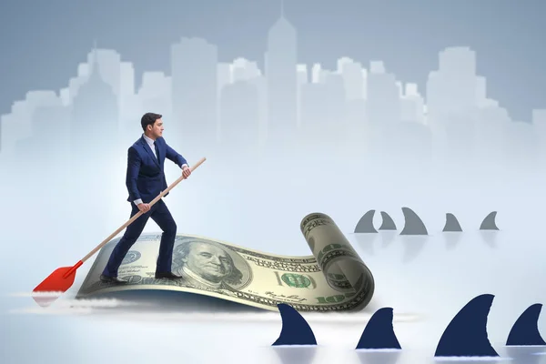 Affärsman rodd på dollarbåt i business financial koncept — Stockfoto