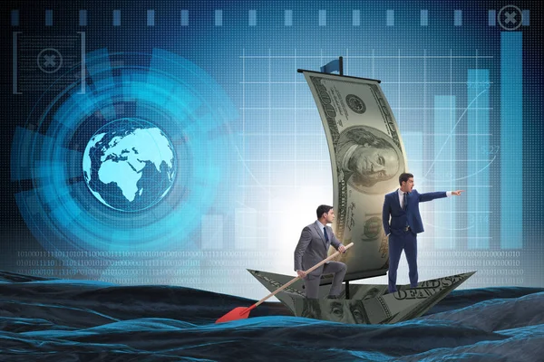 Affärspartnerskap med affärsmän som seglar på dollarbåt — Stockfoto