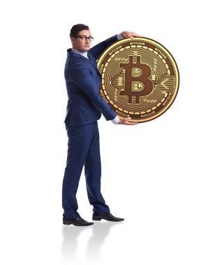 Bitcoin 'i olan bir işadamı beyaz arka planda izole edilmiş