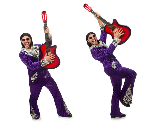 Man in funny clothing holding guitar isolated on white — Stock Photo, Image