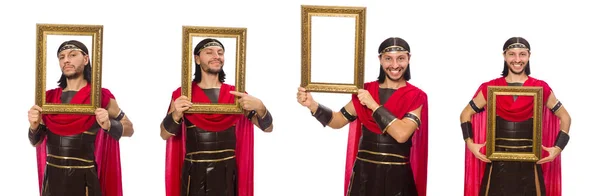 Gladiator holding picture frame isolated on white — Stock Photo, Image
