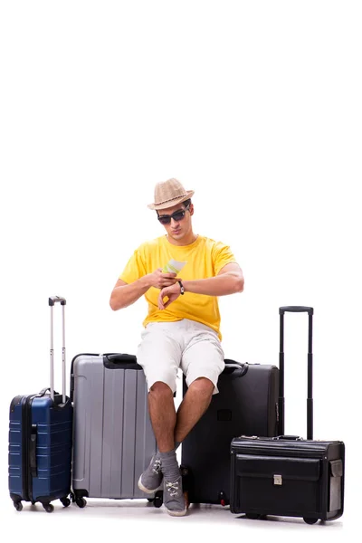 Šťastný mladý muž jede na letní dovolenou izolované na bílém Stock Fotografie