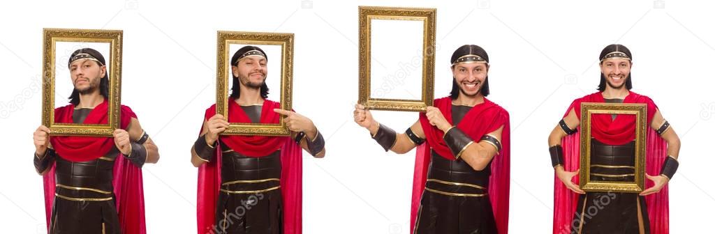 Gladiator holding picture frame isolated on white