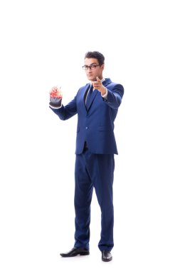 Kan torbası olan bir iş adamı beyaza izole edilmiş.