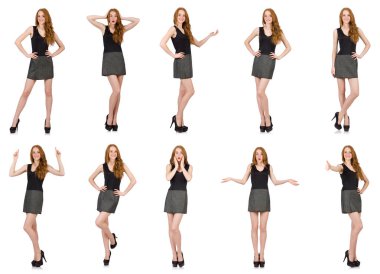 Beyaz izole gri elbiseli kızıl saçlı kız