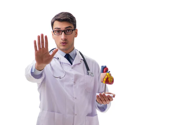 Young doctor with heart shape isolated on white — Stock Photo, Image