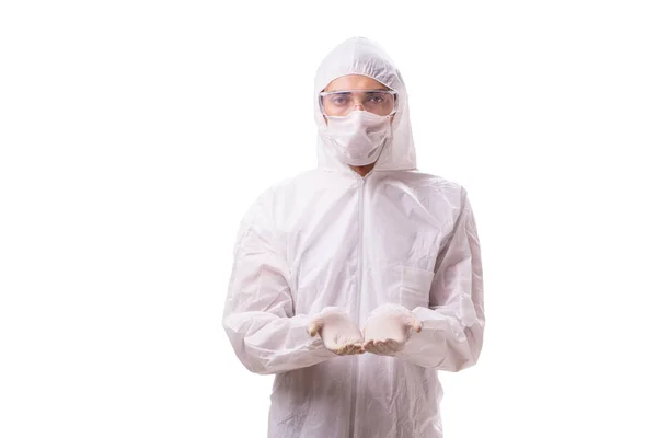 Άνθρωπος με προστατευτικό κοστούμι που απομονώνονται σε λευκό φόντο — Φωτογραφία Αρχείου