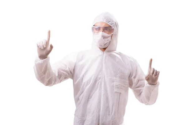 Άνθρωπος με προστατευτικό κοστούμι που απομονώνονται σε λευκό φόντο — Φωτογραφία Αρχείου