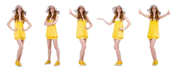 Mladá žena v žluté letní šaty izolované na bílém — Stock fotografie
