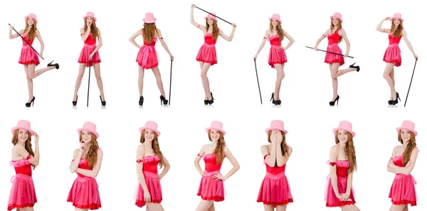 Ganska ung guiden i mini rosa klänning isolerad på vit — Stockfoto