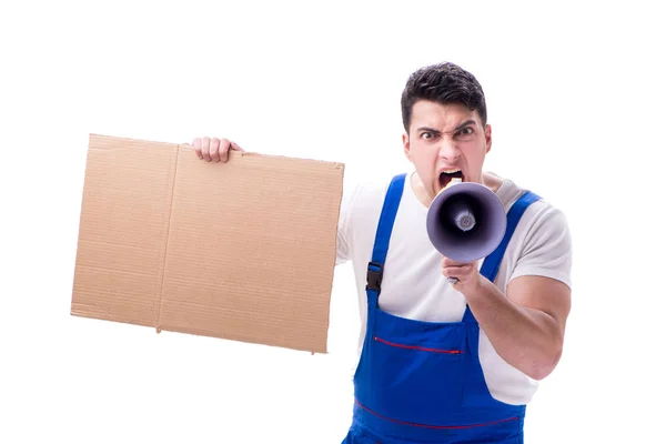 Angry construction supervisor yelling with loudspeaker — Stock Photo, Image