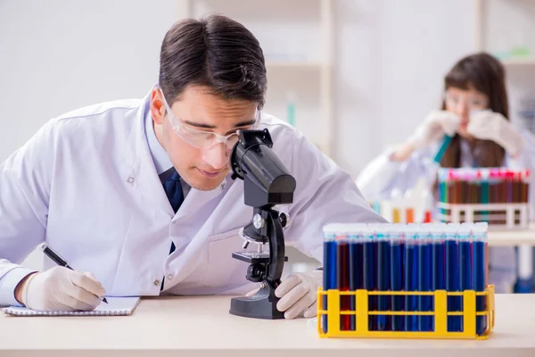 Two chemists working in lab experimenting — Stock Photo, Image
