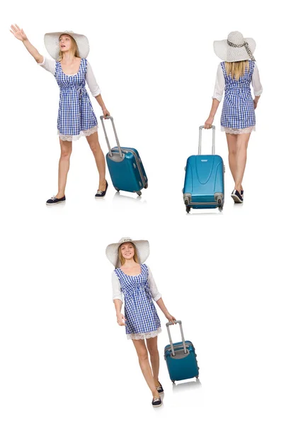 Mulher pronta para viajar de verão isolado em branco — Fotografia de Stock