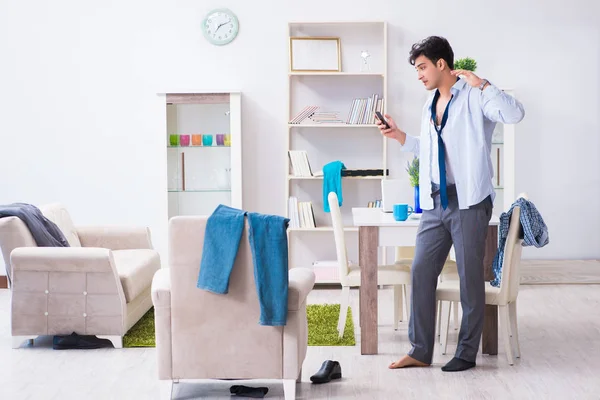 Businessman late for office due to oversleeping after overnight working — Stock Photo, Image