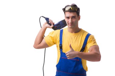 Beyaz arka planda elle matkabı olan müteahhit çalışan.