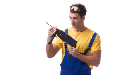 Beyaz arka planda elle matkabı olan müteahhit çalışan.