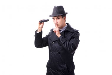 Beyaz arkaplanda izole edilmiş dürbünlü casus