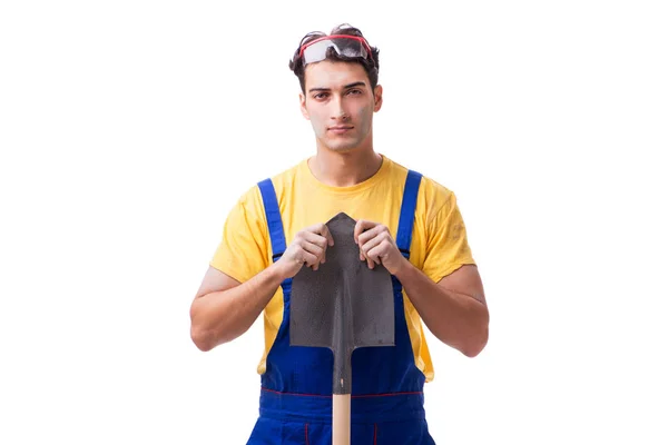 Contractor in blue coveralls with spade on white background — Stock Photo, Image