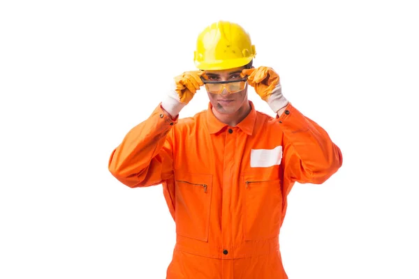 Werknemer draagt op wit geïsoleerde overalls — Stockfoto