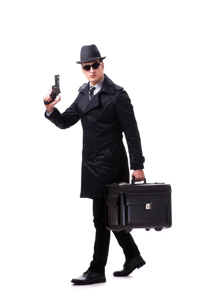 Mann Spion mit Handfeuerwaffe isoliert auf weißem Hintergrund — Stockfoto